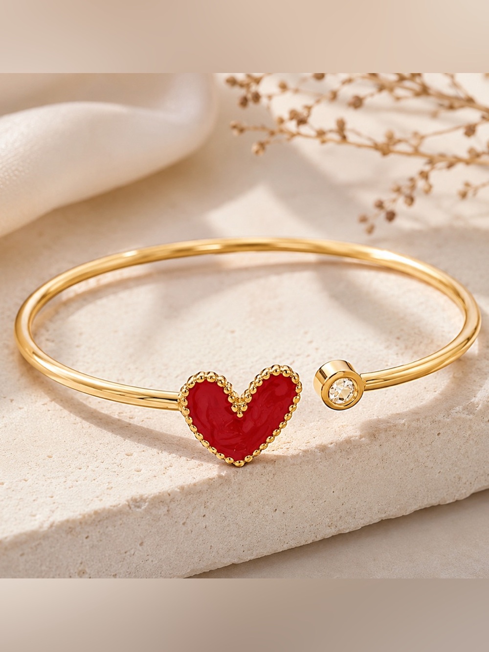 18K Gold Plated Red Enamel Heart Bracelet | Open Cuff Bangle | Stackable Jewelry